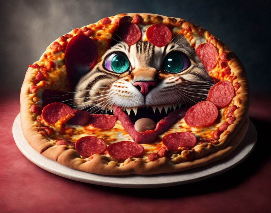 Digital artwork: Cat face merged with pepperoni pizza