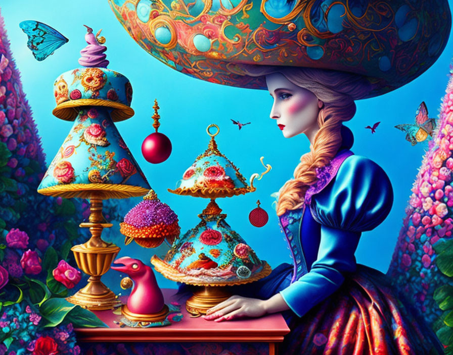 Colorful digital artwork of woman with elaborate hat in whimsical setting