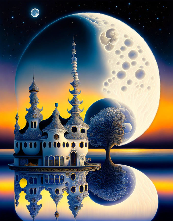Fantasy castle illustration under moonlit sky with vibrant colors