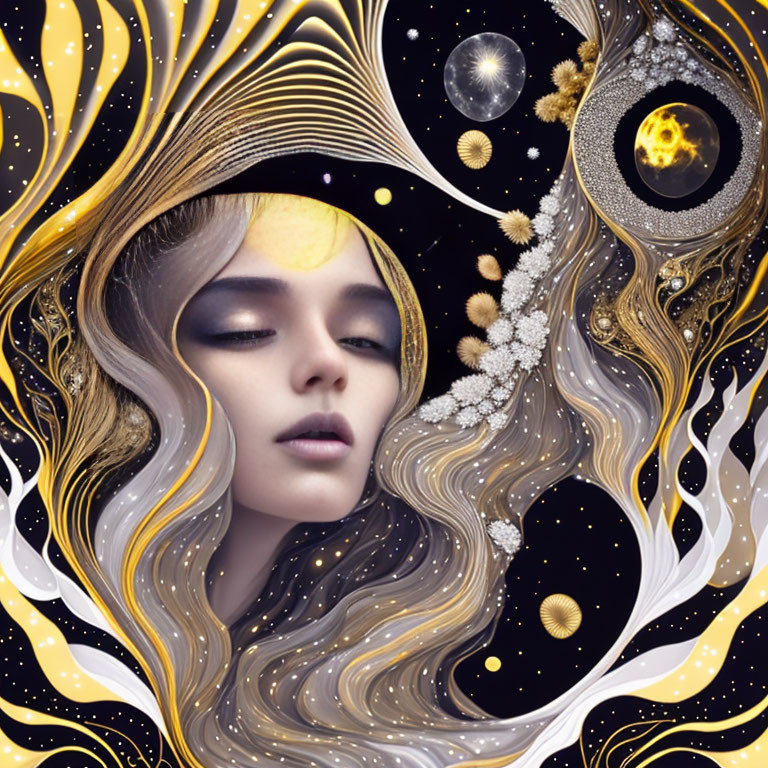 Surreal portrait of a woman with cosmic motifs and swirling hair