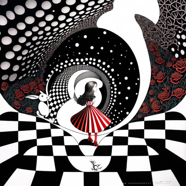 Surreal black and white artwork with girl, rabbit, roses, and checkered floor