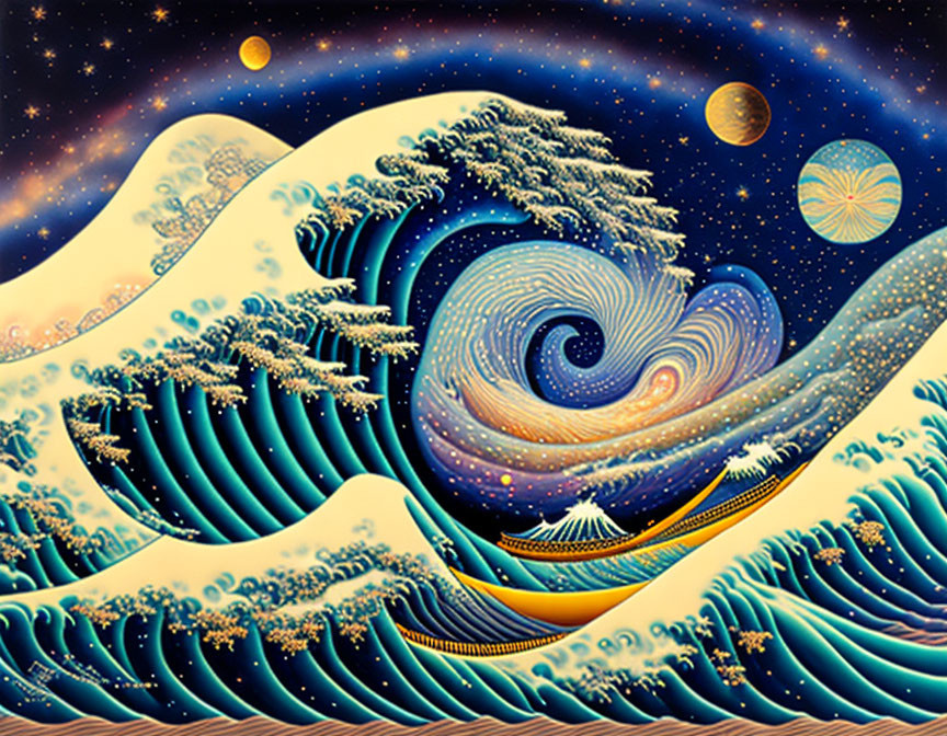 Cosmic Wave with Swirling Patterns and Celestial Bodies