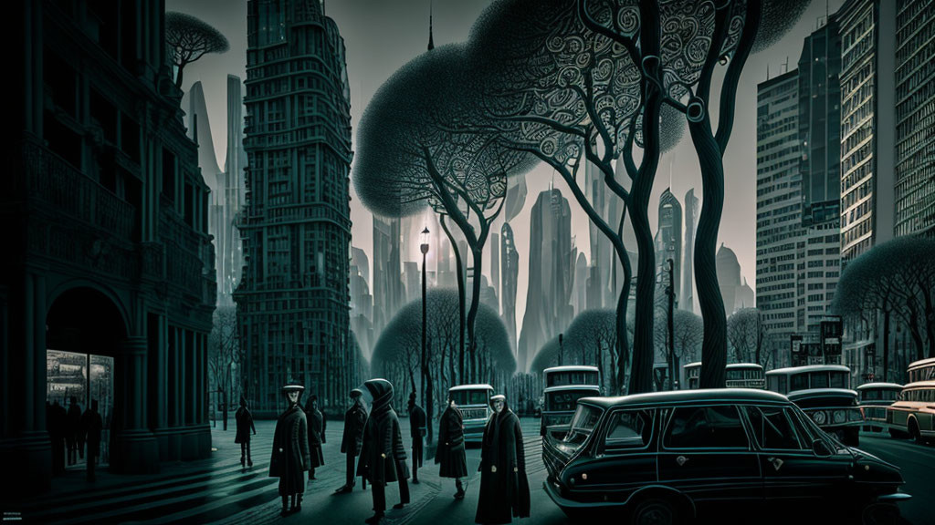 Futuristic cityscape with vintage figures and cars