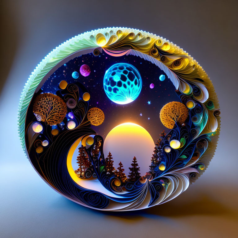 Circular Quilled Paper Art: Cosmic Scene with Planets, Stars, Trees