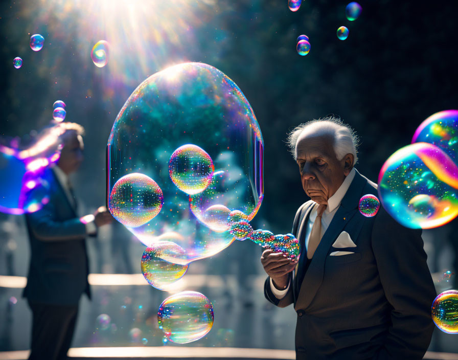 Elderly man in suit blows shimmering soap bubble among colorful bubbles