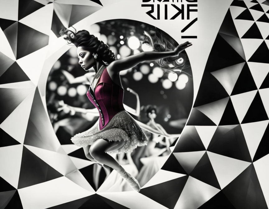 Monochrome surreal image of dancer in tutu and corset with geometric backdrop