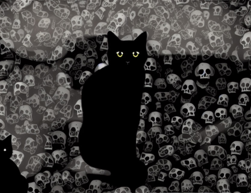 Black cat with glowing yellow eyes against skull-filled backdrop