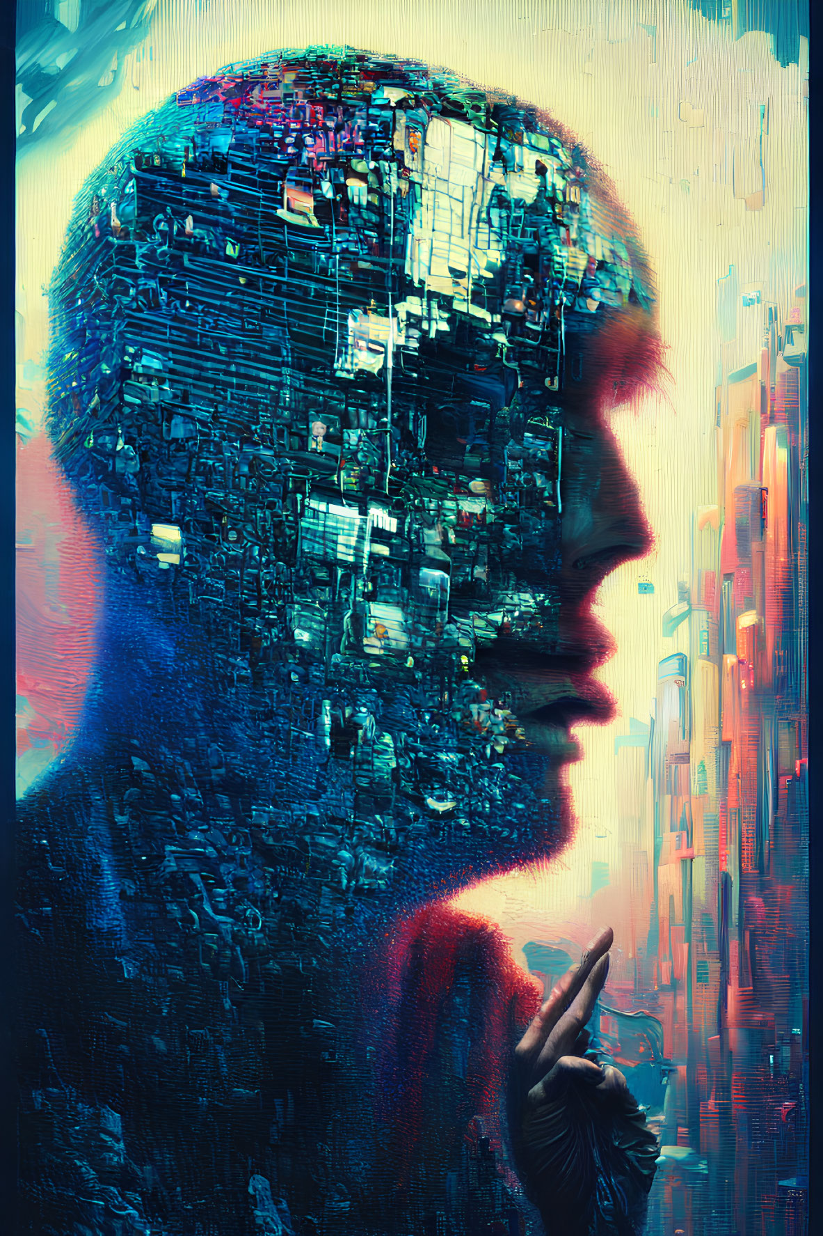 Digital artwork: Human profile with circuit-like brain on blue and orange backdrop