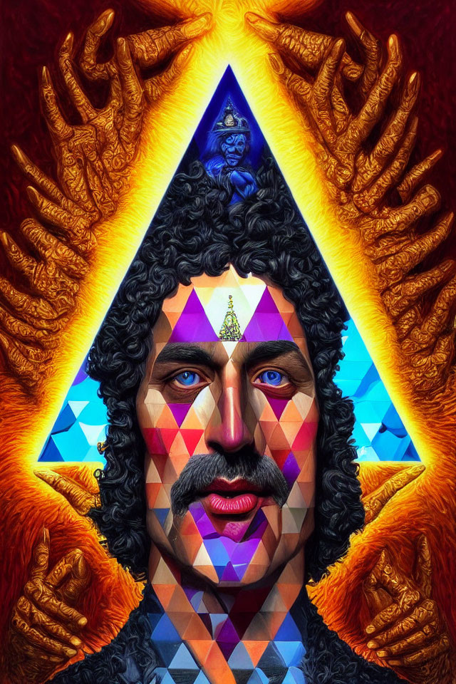 Vibrant geometric portrait with fiery wings and blue deity figure