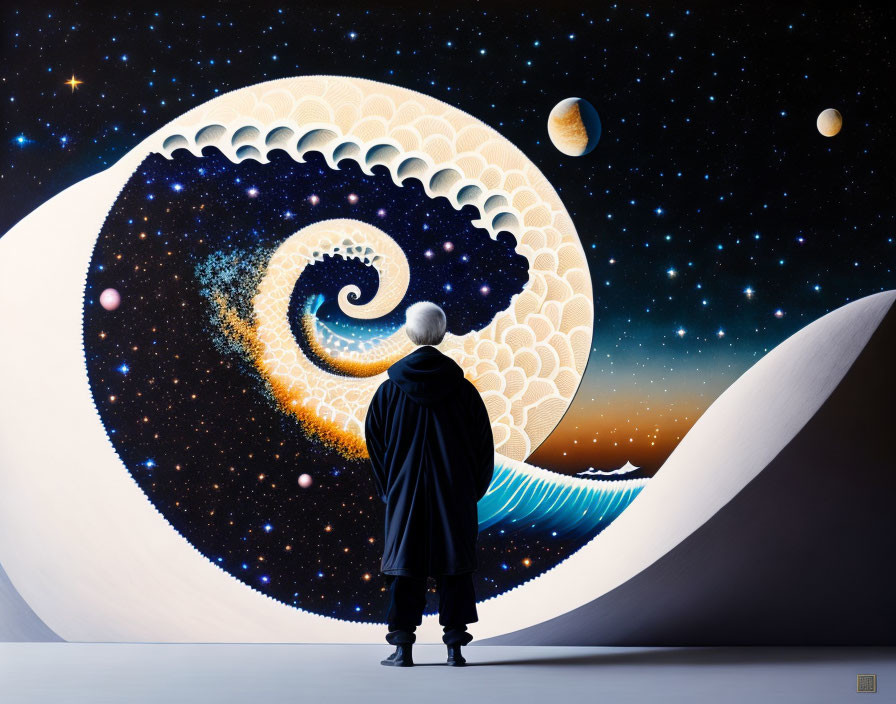 Cloaked figure gazes at cosmic seascape with spiral galaxy and planets