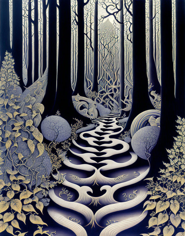 Illustration of mystical forest with winding path and starry sky