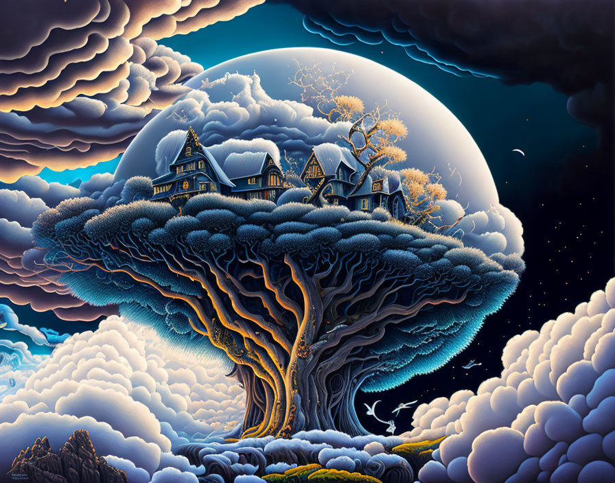 Illustration of expansive tree holding village under oversized moon and surreal clouds.