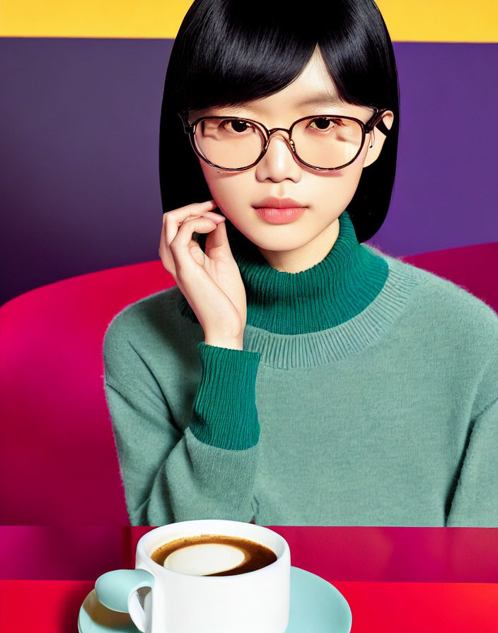 Black-Haired Woman in Green Turtleneck with Coffee Cup on Striped Background