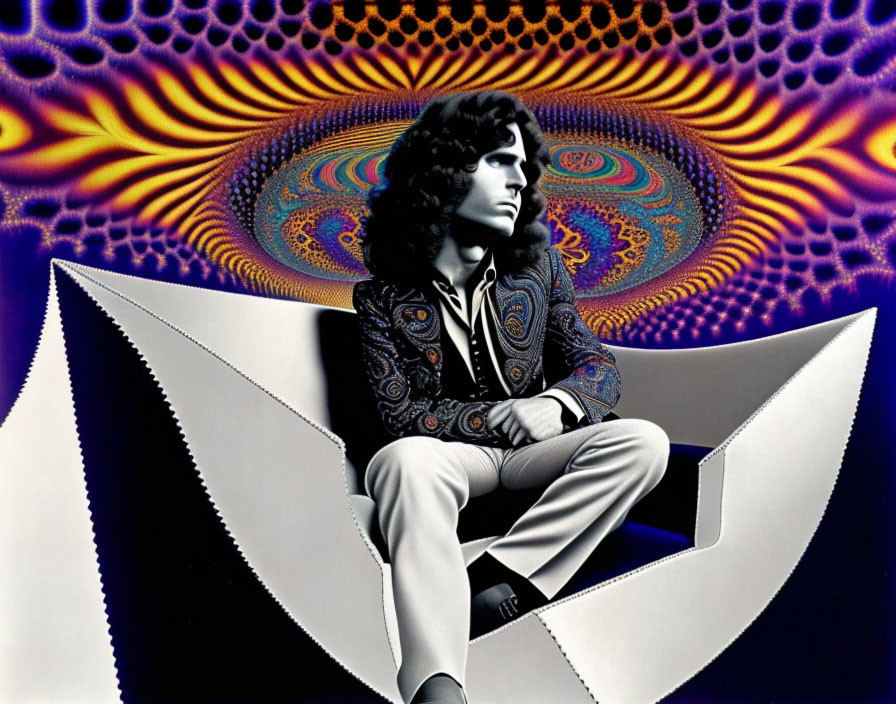 Curly-Haired Person Sitting in Papercraft Star on Psychedelic Background