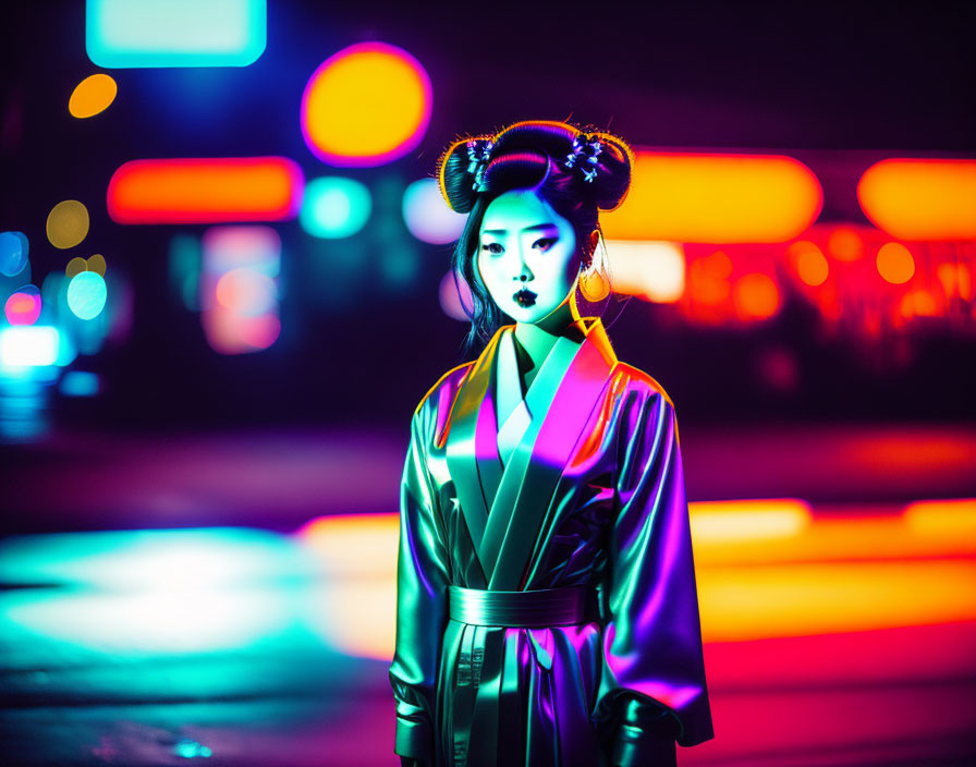 Neon-Lit Figure in Reflective Kimono and Traditional Buns