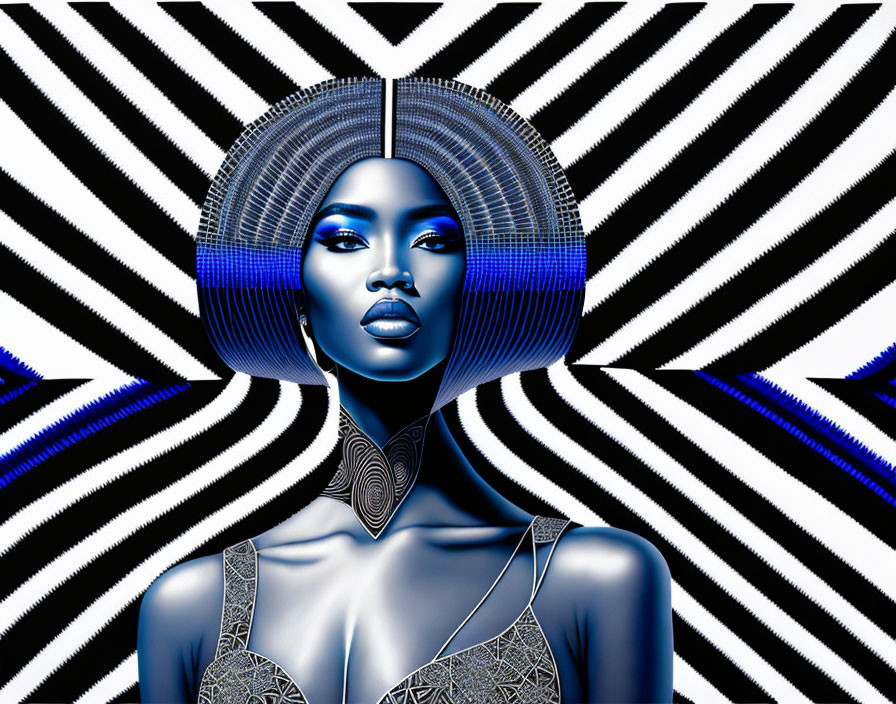 Blue-skinned woman in metallic headdress on zigzag background