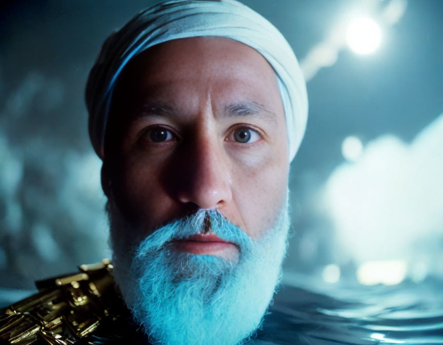 Bearded Man in White Turban and Gold Armor on Dark Background