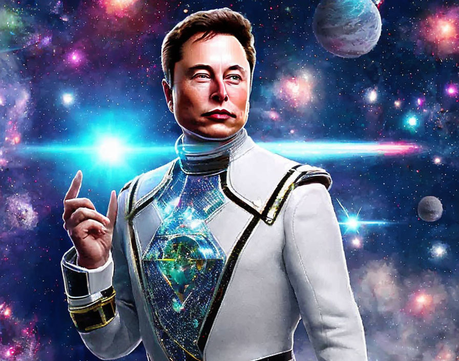 Futuristic man in white space suit pointing in cosmic starfield