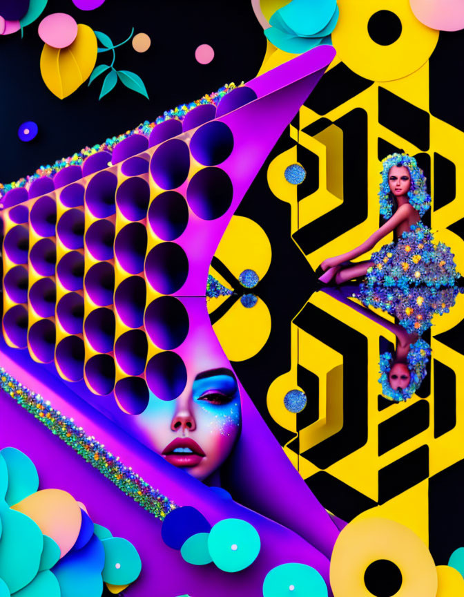 Colorful Geometric Psychedelic Artwork with Woman's Face