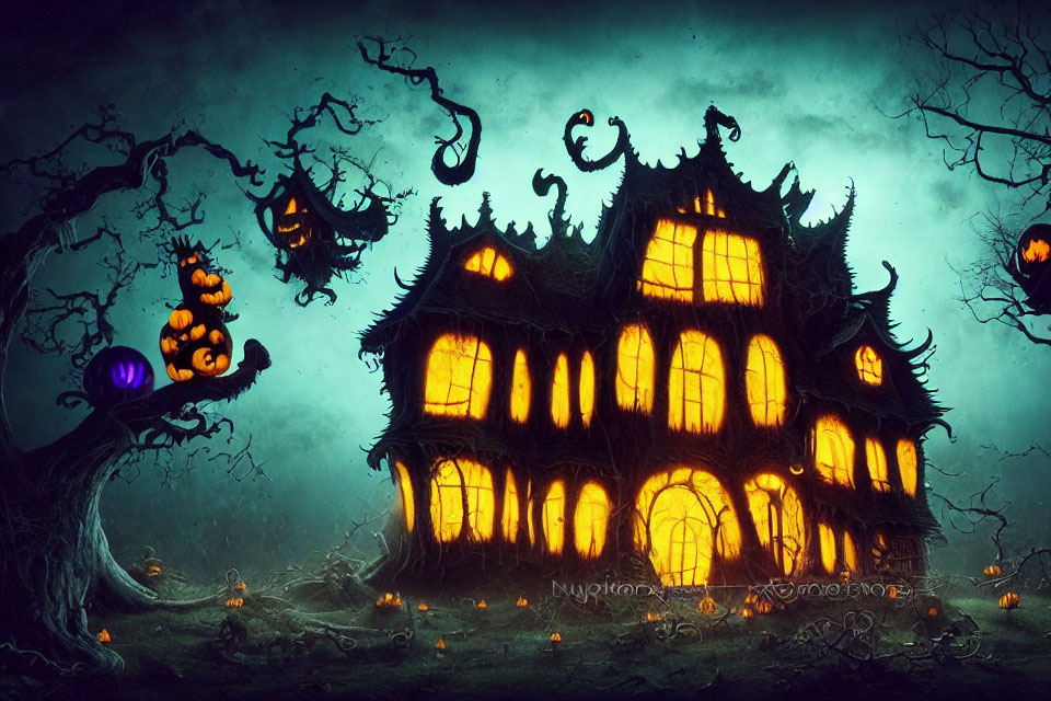 Eerie illuminated haunted house with jack-o'-lanterns and glowing pumpkins