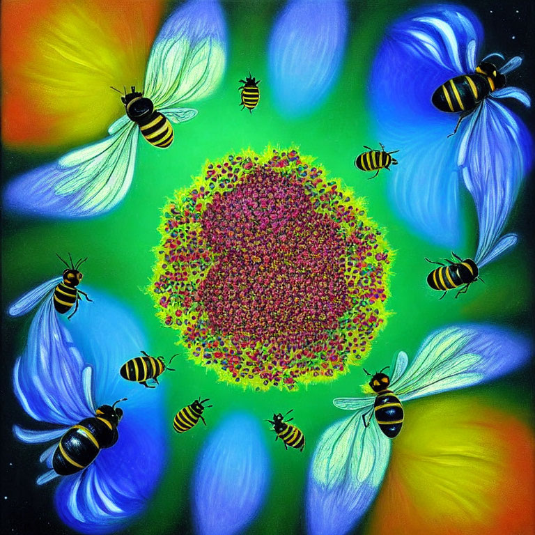 Vibrant painting of bees and flowers on green background