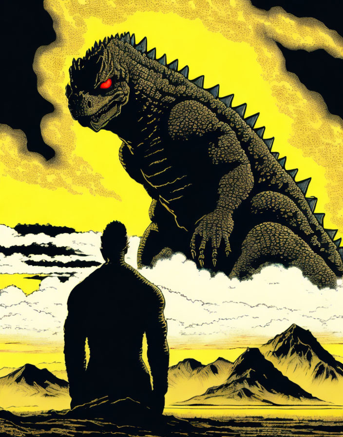 Silhouetted figure confronts giant Godzilla-like creature in yellow sky.