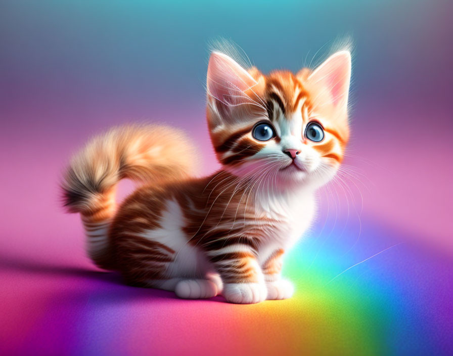 Orange and White Kitten with Blue Eyes on Colorful Gradient Background