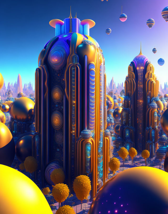 Futuristic cityscape with golden and blue skyscrapers and floating orbs