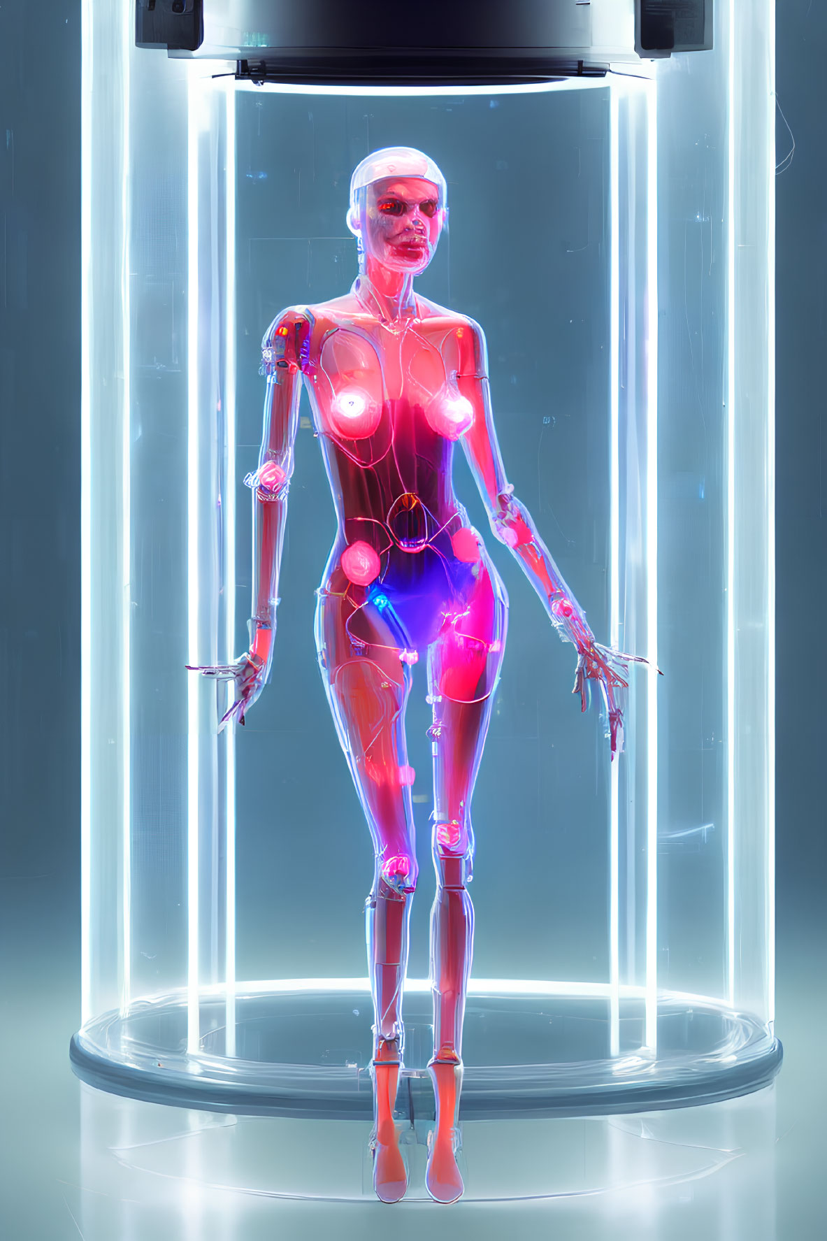 Transparent female android with glowing red points in cylindrical chamber