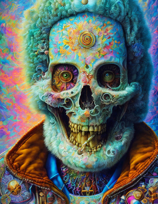 Colorful Psychedelic Skull with Detailed Jacket Design