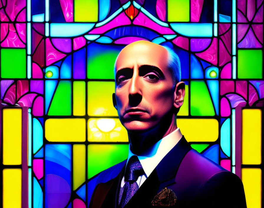 Colorful Stained Glass Background Man Portrait with Pronounced Nose