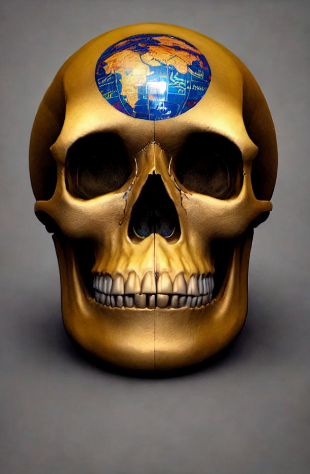 Human skull with Earth hemisphere symbolizing mortality and global awareness.