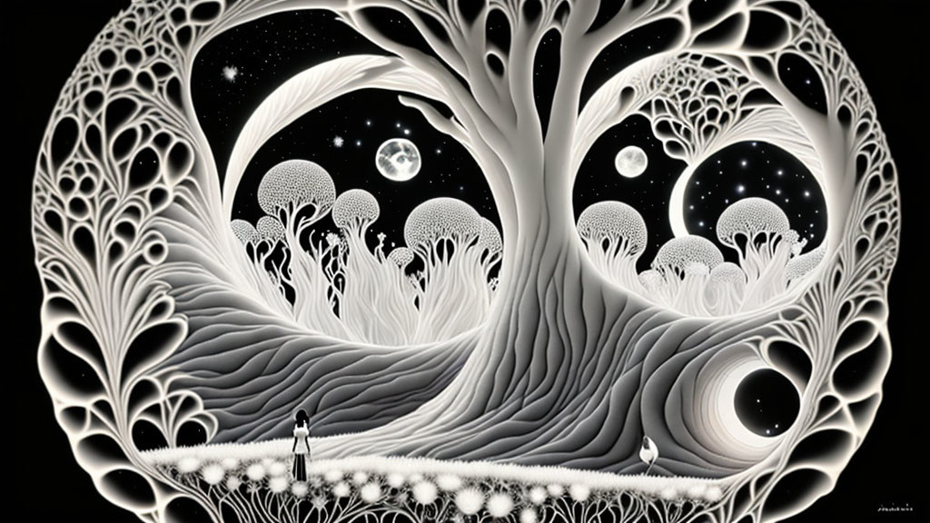 Monochrome artistic depiction of person under fantastical cosmic tree