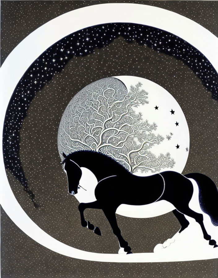 Stylized black horse under crescent moon and stars on night sky background