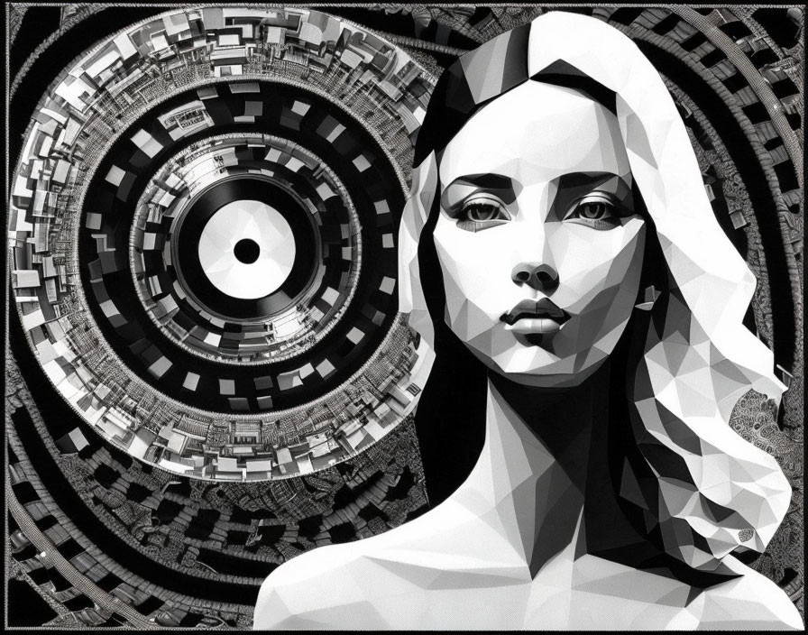 Geometric monochrome art featuring woman's face and circular fractal pattern