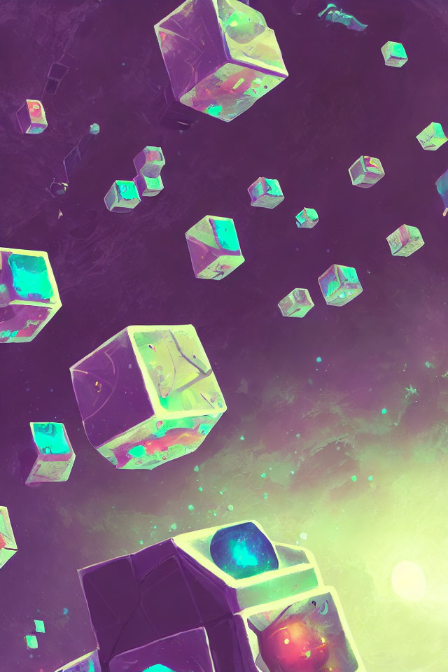 Vibrant glowing cubes in cosmic space with stars and sun-like celestial body