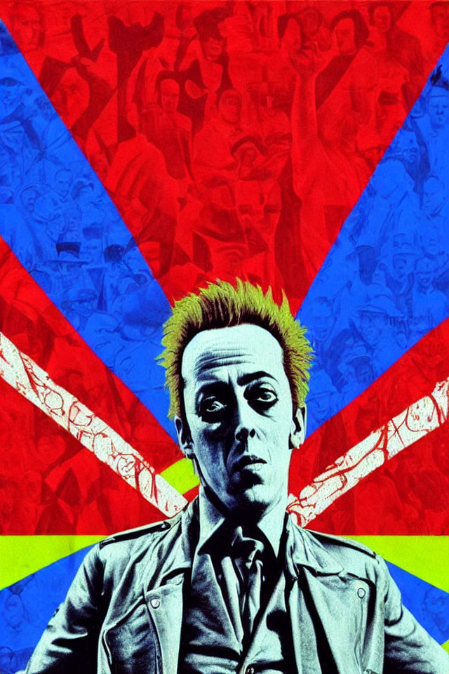 Colorful pop-art style image with central figure and spiky hair on red and blue ray background