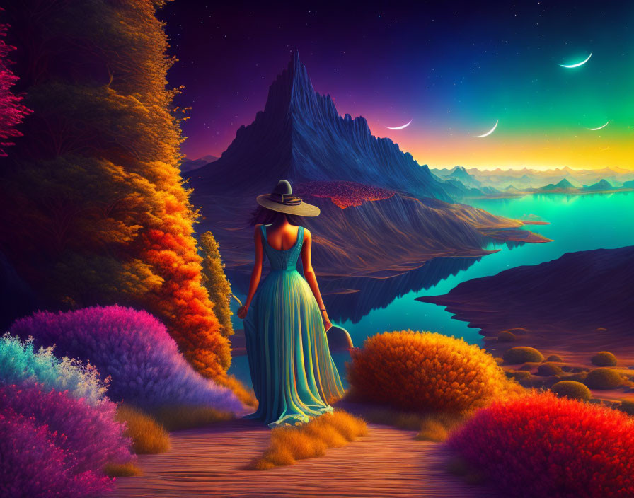 Surreal landscape featuring woman and colorful mountains, lakes, sky