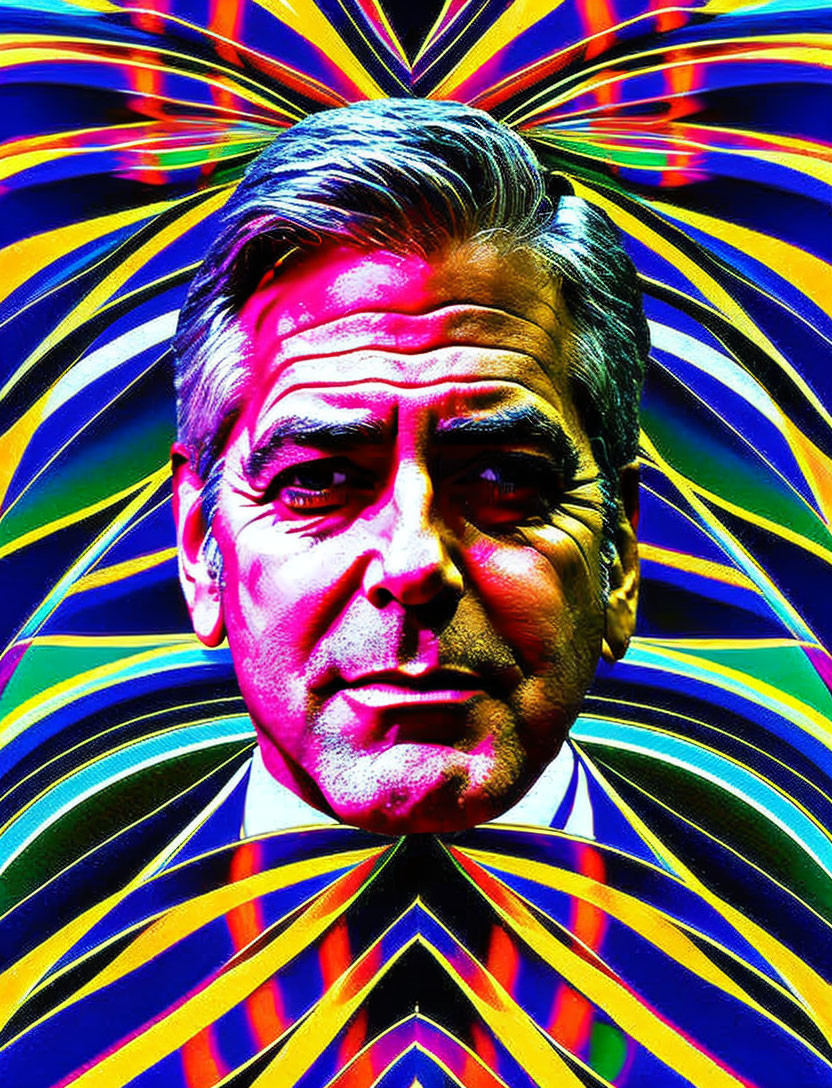 Stylized portrait with kaleidoscopic neon background and man with salt-and-pepper hair.