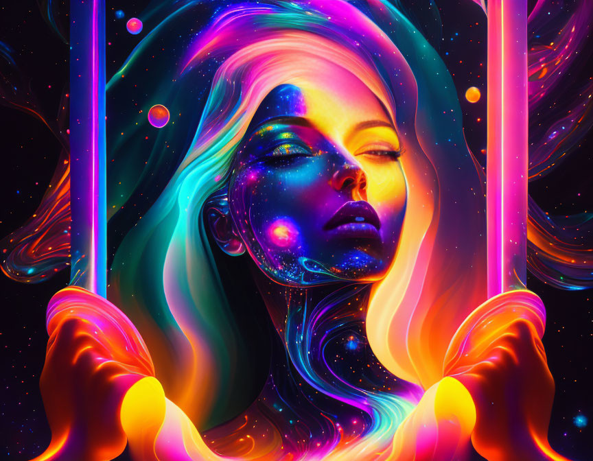 Colorful digital artwork of cosmic woman surrounded by neon lights and galaxies