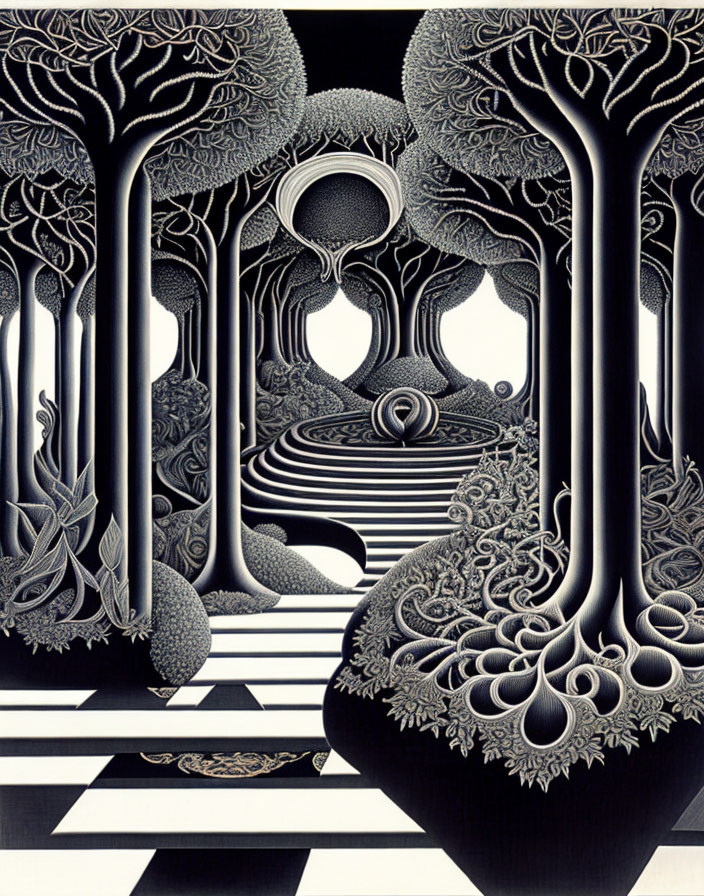 Intricate black and white optical illusion art with trees and patterns