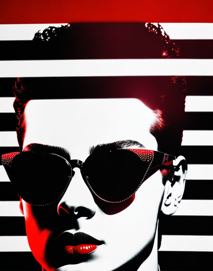 Person with Sunglasses on Red and White Striped Background