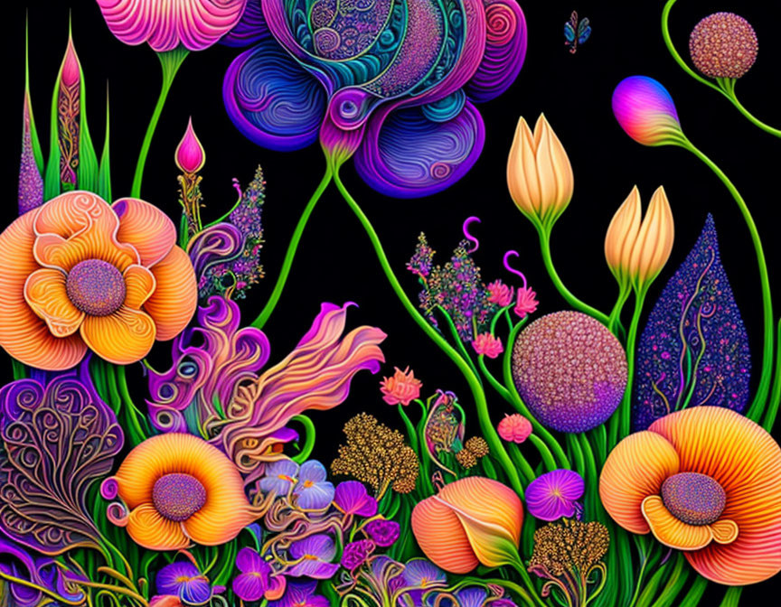 Colorful Stylized Flowers and Swirling Patterns on Black Background