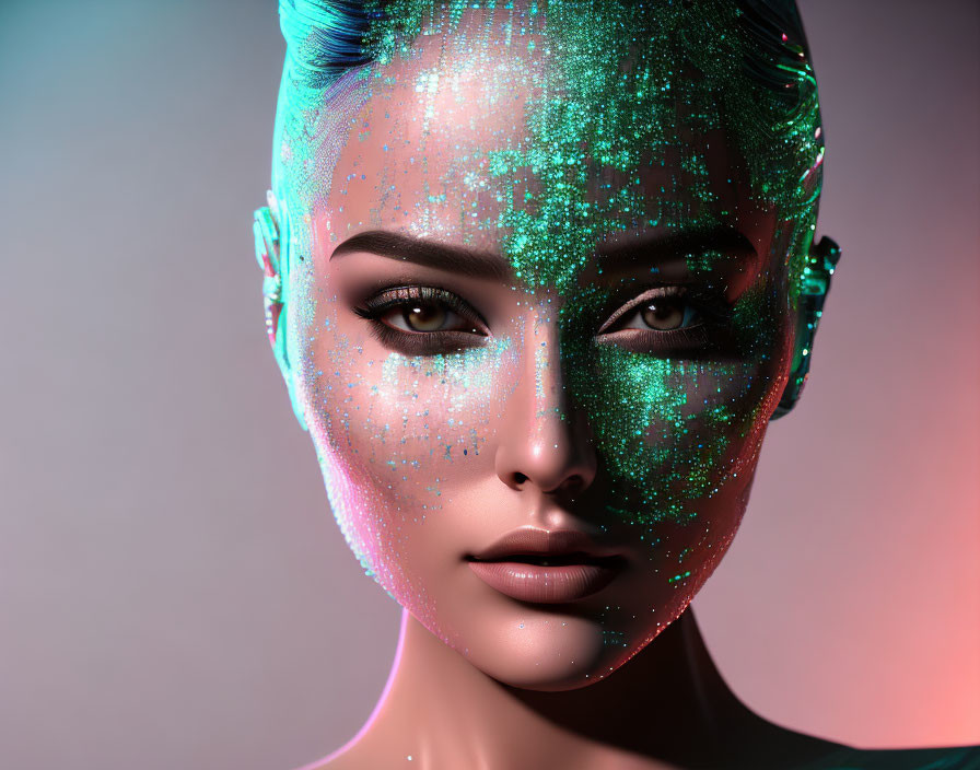 Close-Up of Woman with Futuristic Glittery Green Digital Makeup Pattern on Purple Background