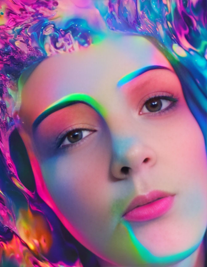 Vibrant iridescent colors swirling around woman's face