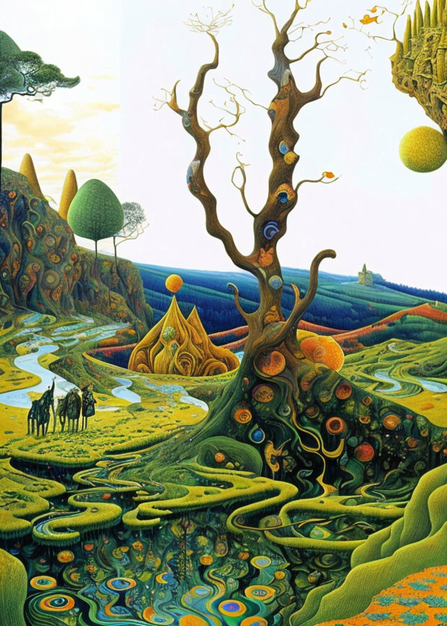 Colorful surrealist landscape with peacock-tail tree, golden structure, figures, and distant castle