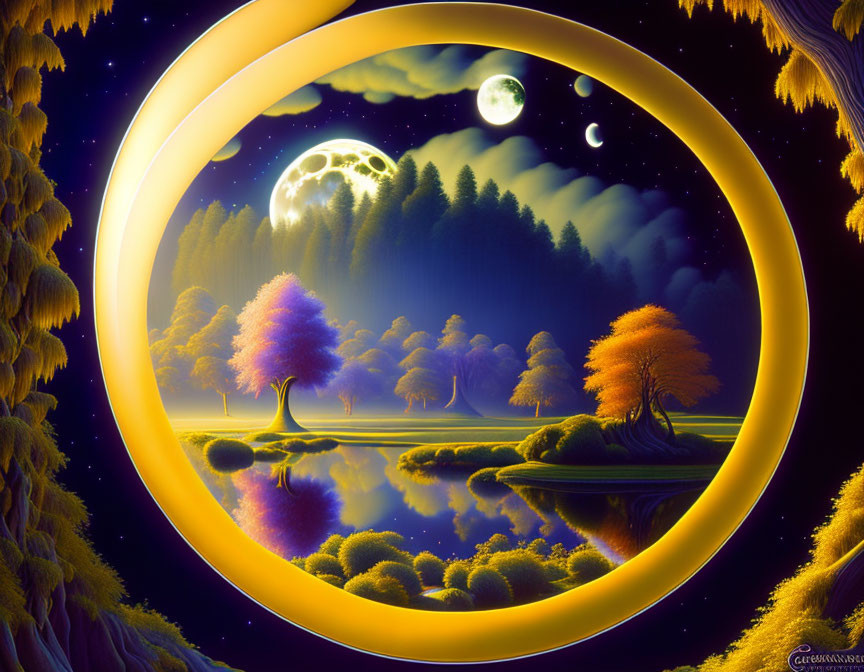 Colorful Moonlit Fantasy Landscape with Golden Frame