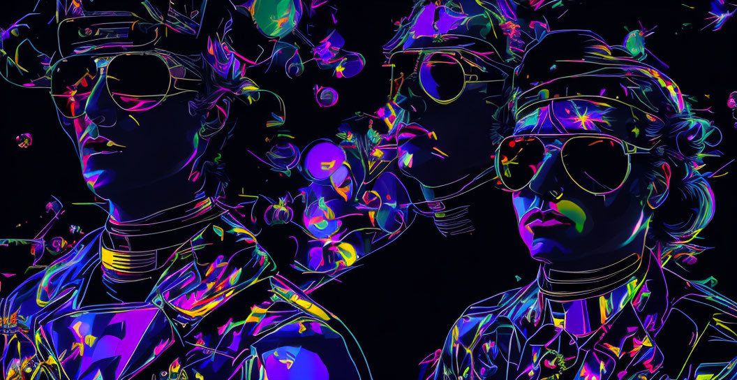 Colorful neon artwork of two figures in hats and sunglasses on dark background