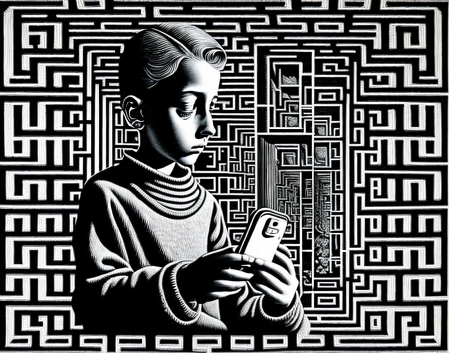 Monochrome illustration of child with mobile device and maze-like patterns