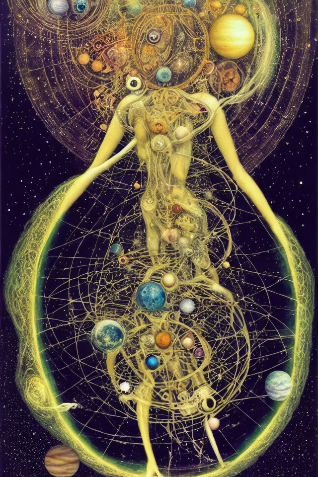 Surreal cosmic art: humanoid figure, planetary orbs, geometric patterns, starry space.